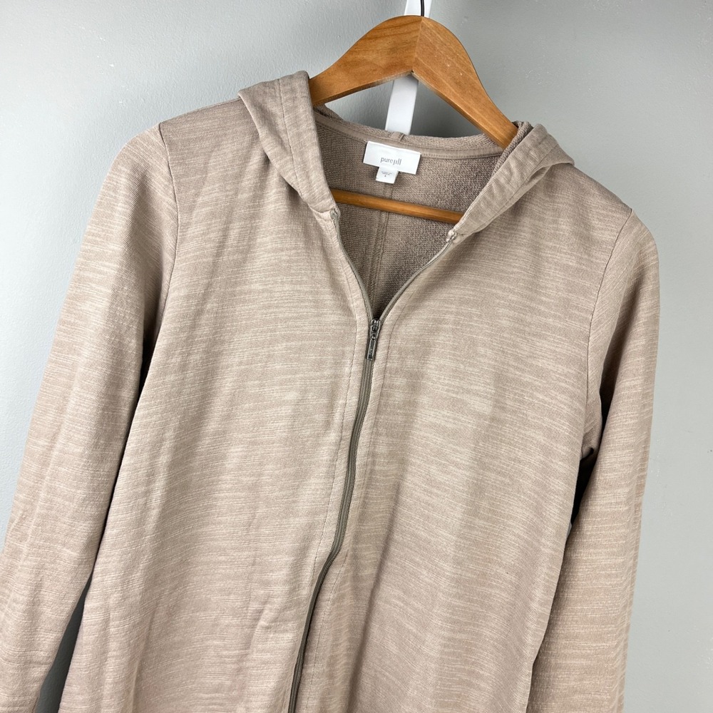 J. Jill Pure Jill Hoodie Tunic Jacket Womens S Tan Taupe Zip Up Ruffle Hem - Picture 1 of 6